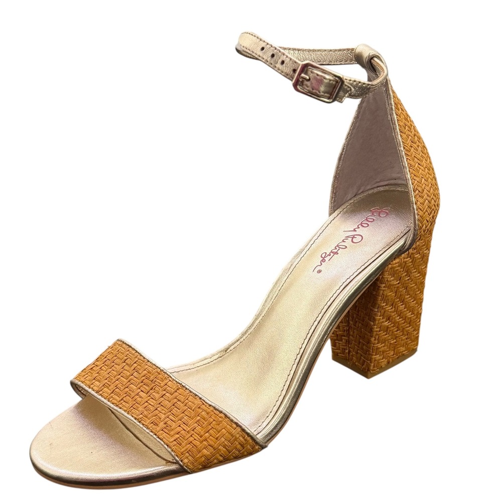 Lilly Pulitzer Chunky Block Heel Sandals Size 9.5 Metallic Gold Open Toe Straw